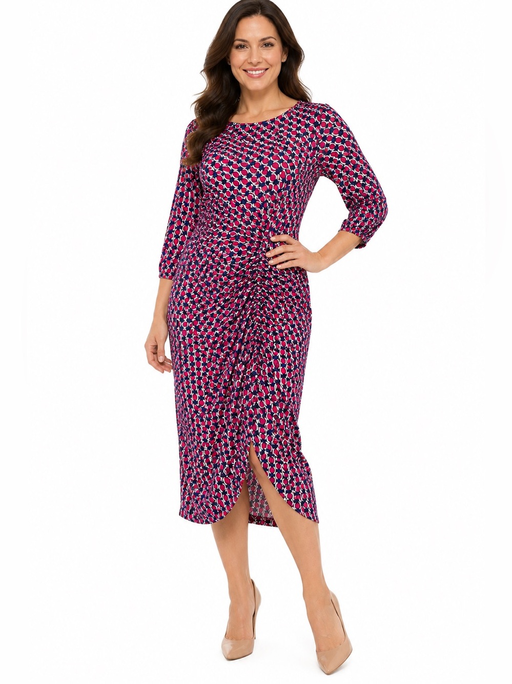 Amana Women’s Pink Geometric Ruched Front Slit Knee Length Dress NEW Size XL